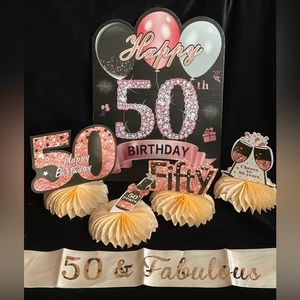 50th Birthday Party Pack. Banner,4 Table Decor,Yard Sign & Birthday Sash.